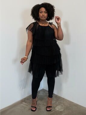 Black Tiered Pleated Top with Tie Shoulder